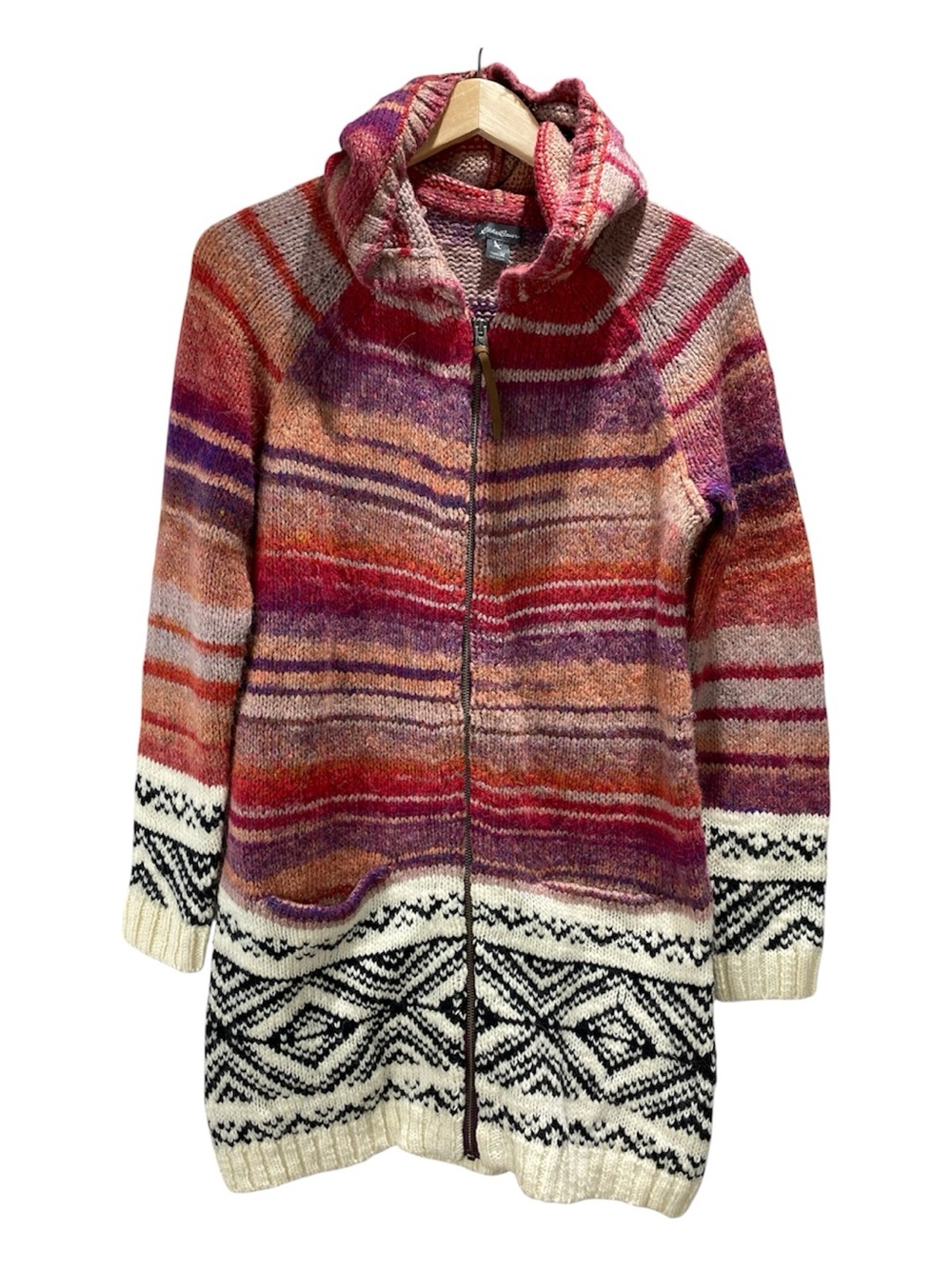 Eddie Bauer Wool Cardigan Size M Women’s Hooded Multi Stripe Cabincore Cozy